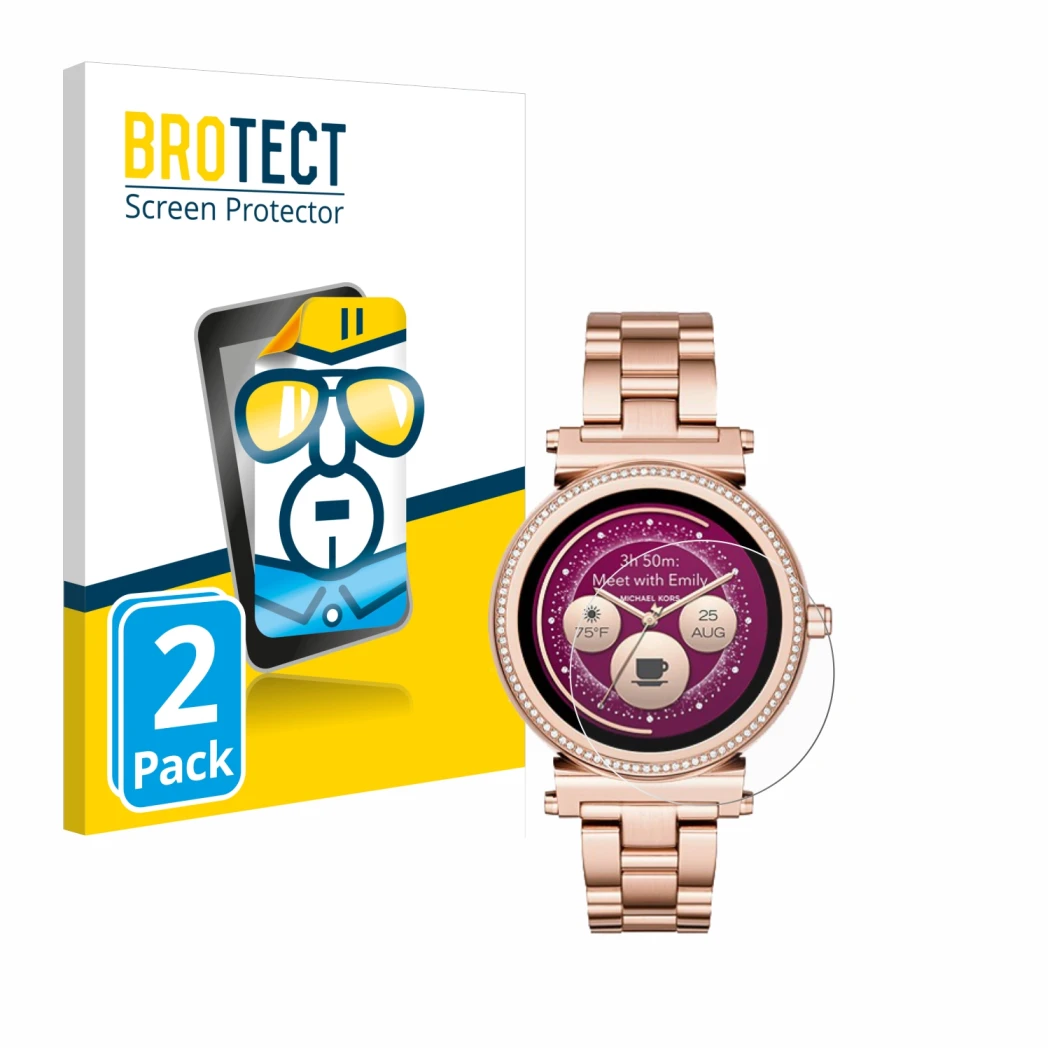 Parte frontal de un envase de producto con el logotipo de la marca BROTECT. Al lado se muestra el dispositivo Michael Kors Acc
