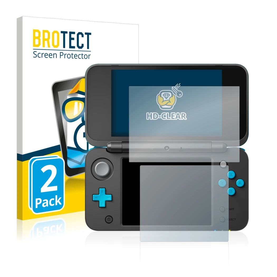 Parte frontal de un envase de producto con el logotipo de la marca BROTECT. Al lado se muestra el dispositivo Nintendo 2DS XL 