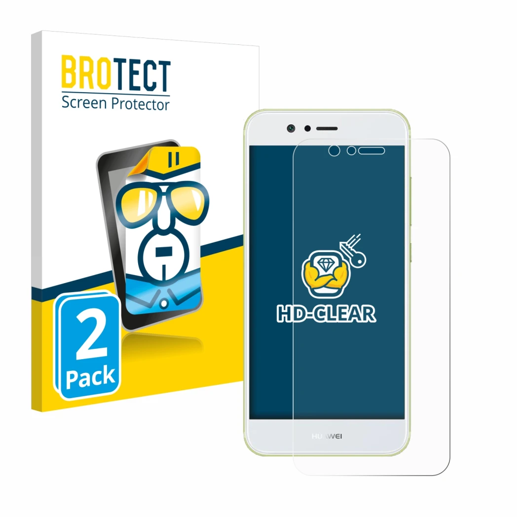 Parte frontal de un envase de producto con el logotipo de la marca BROTECT. Al lado se muestra el dispositivo Huawei Nova 2 co