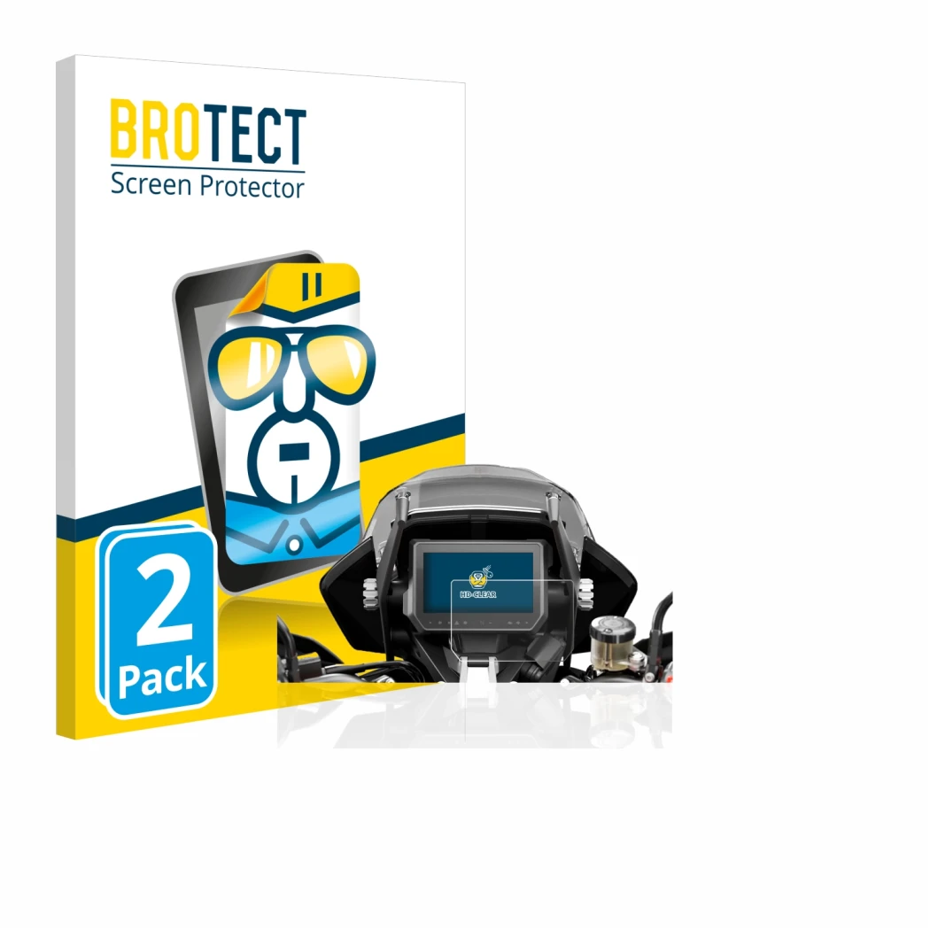 Parte frontal de un envase de producto con el logotipo de la marca BROTECT. Al lado se muestra el dispositivo KTM 1290 Super A