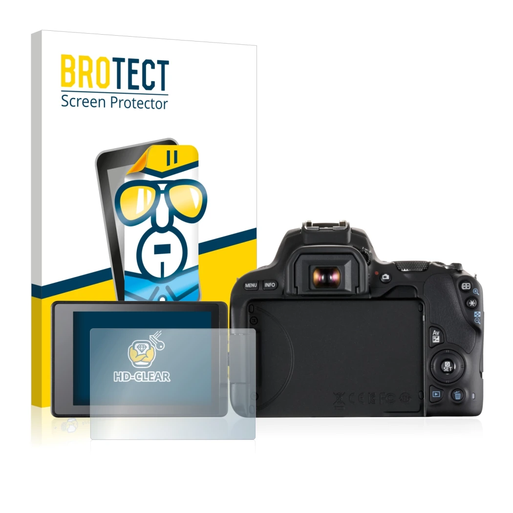 Parte frontal de un envase de producto con el logotipo de la marca BROTECT. Al lado se muestra el dispositivo Canon EOS 200D c