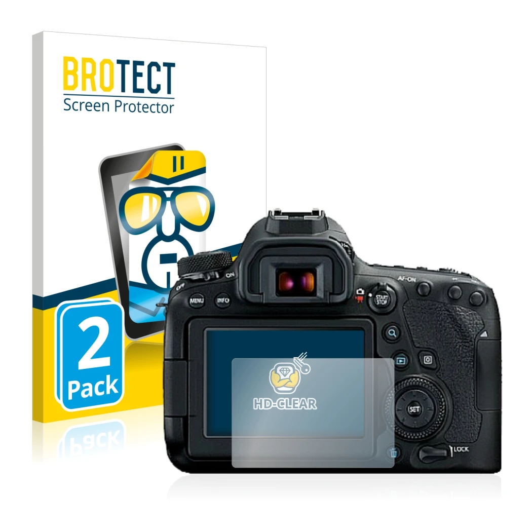 Parte frontal de un envase de producto con el logotipo de la marca BROTECT. Al lado se muestra el dispositivo Canon EOS 6D Mar