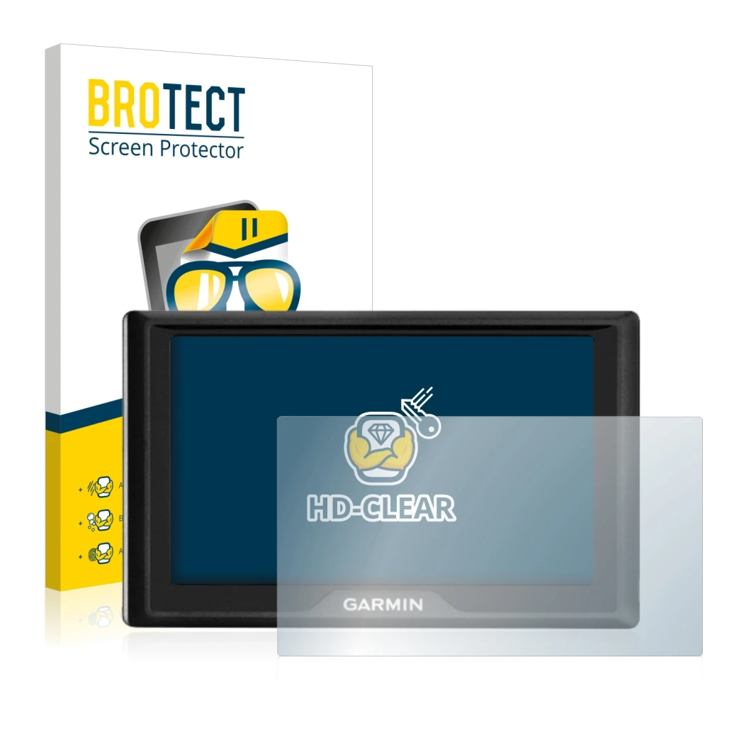 Parte frontal de un envase de producto con el logotipo de la marca BROTECT. Al lado se muestra el dispositivo Garmin Drive 51 