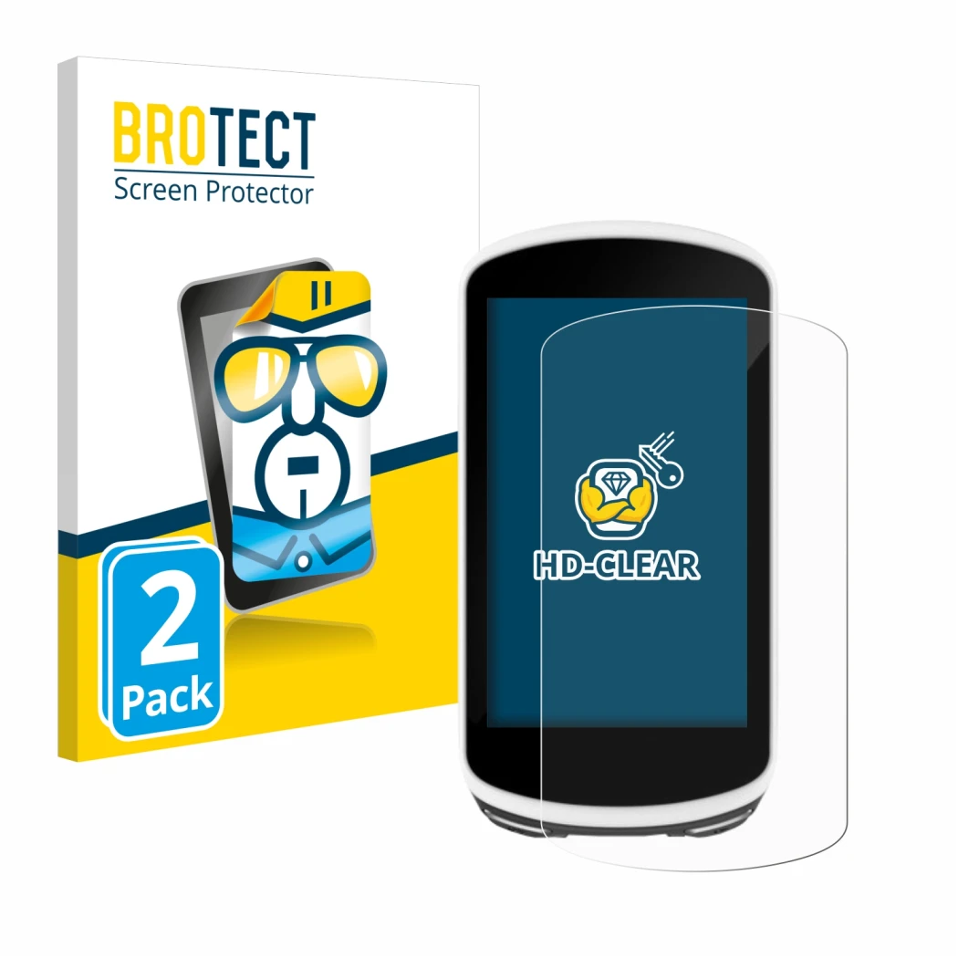 Parte frontal de un envase de producto con el logotipo de la marca BROTECT. Al lado se muestra el dispositivo Garmin Edge 1030