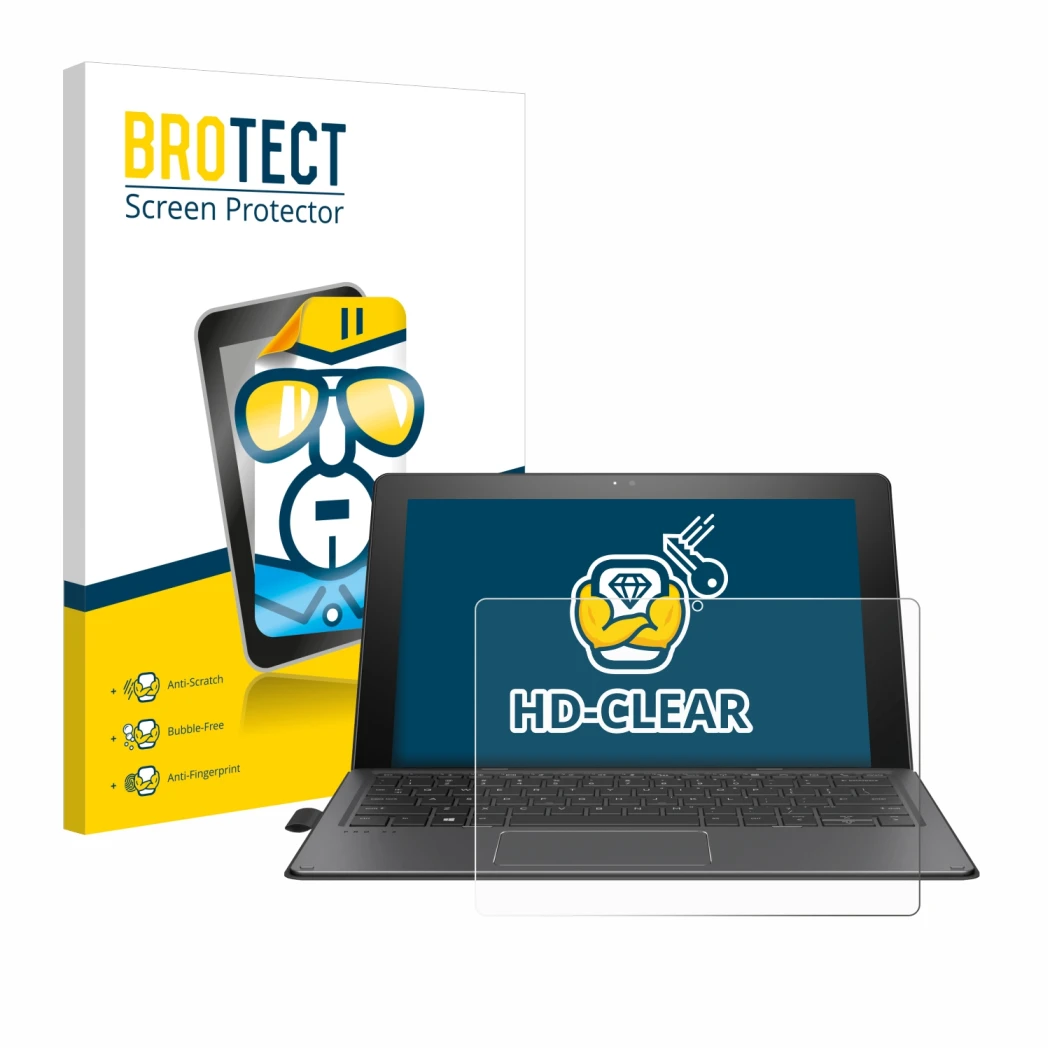 Parte frontal de un envase de producto con el logotipo de la marca BROTECT. Al lado se muestra el dispositivo HP Pro x2 612 G2