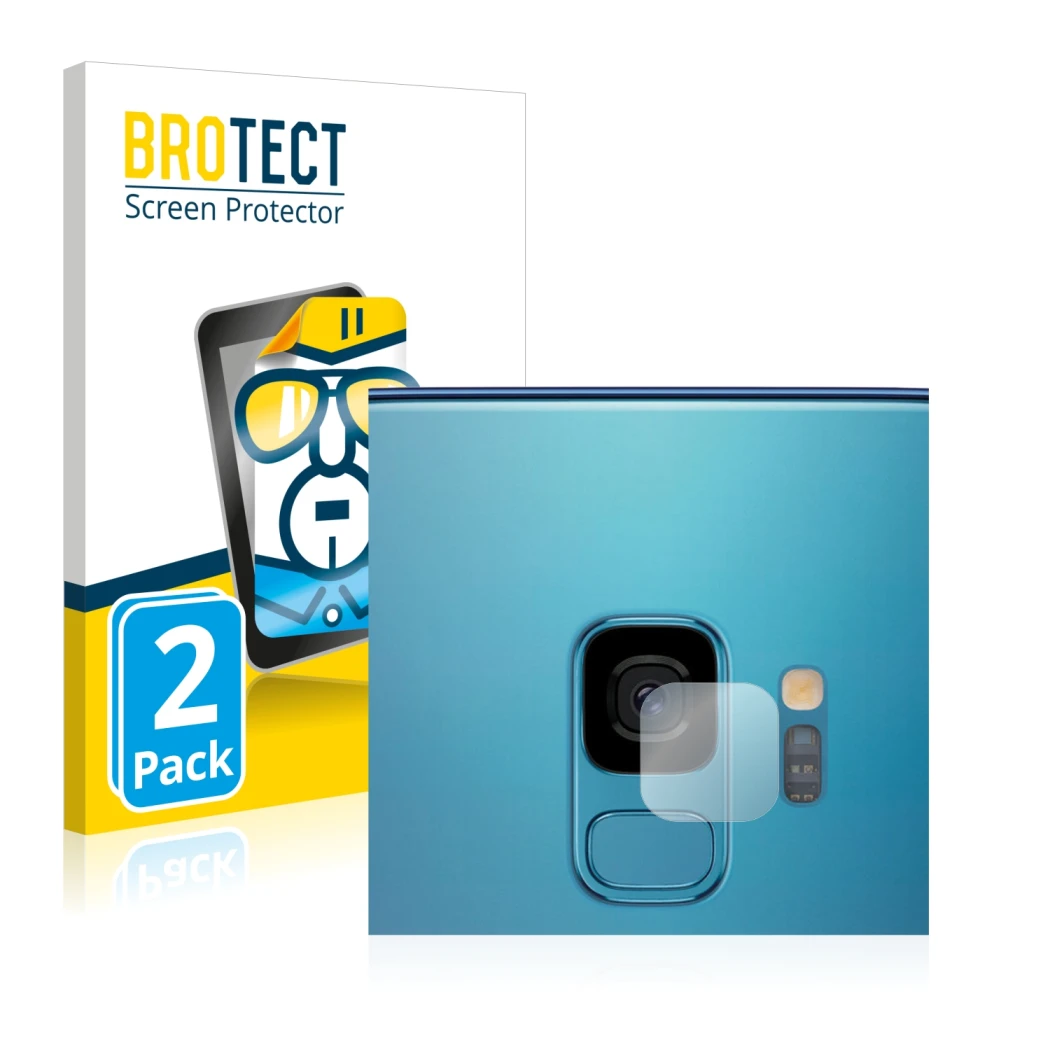 Parte frontal de un envase de producto con el logotipo de la marca BROTECT. Al lado se muestra el dispositivo Samsung Galaxy S