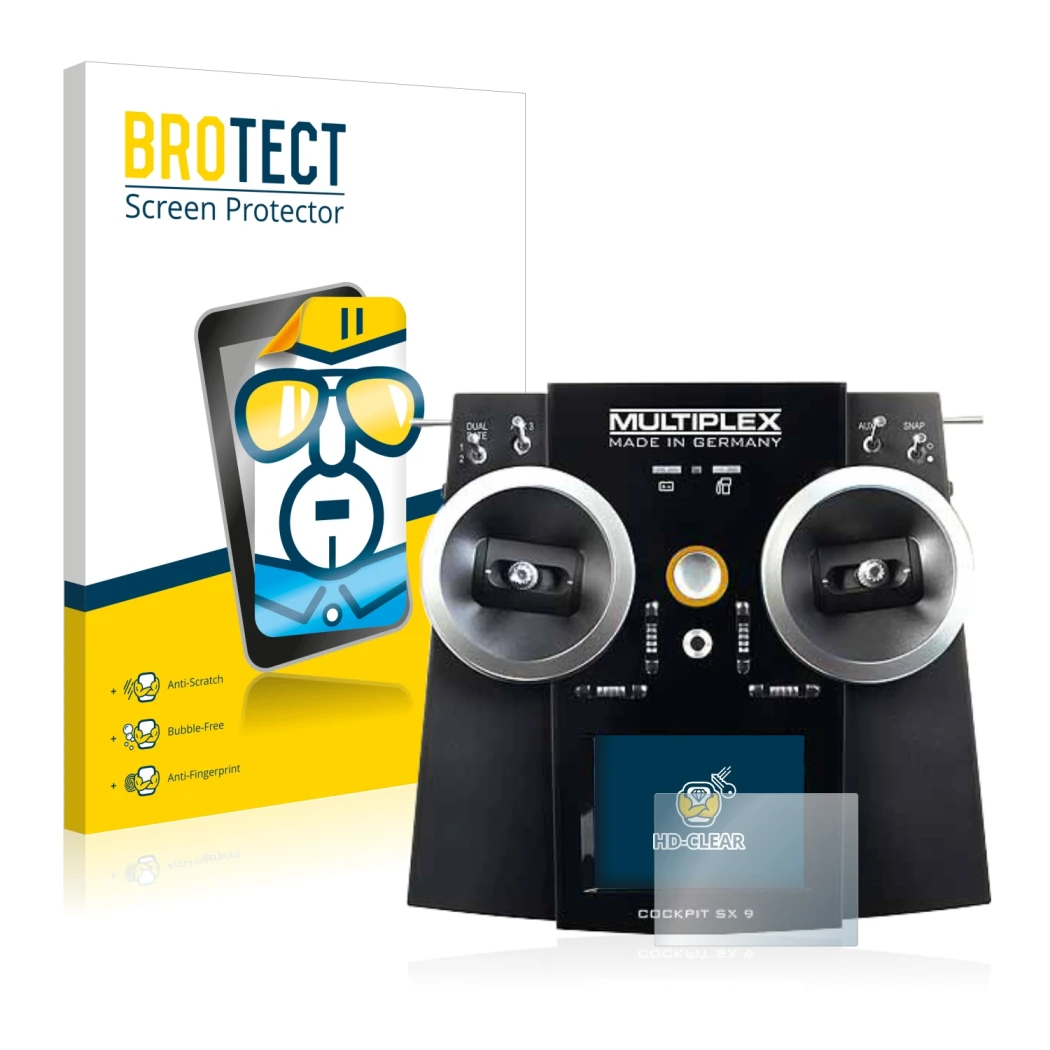 Parte frontal de un envase de producto con el logotipo de la marca BROTECT. Al lado se muestra el dispositivo Multiplex Cockpi