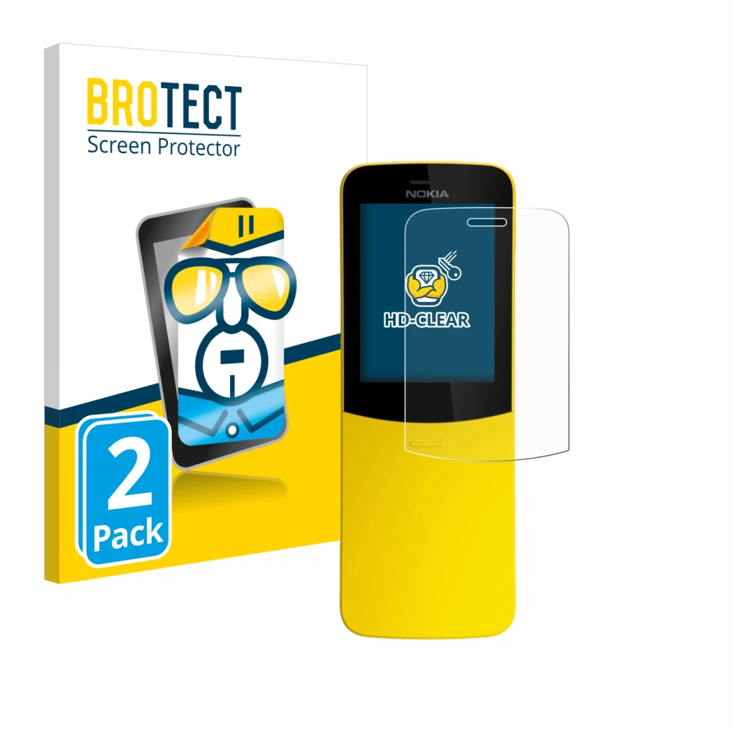 Parte frontal de un envase de producto con el logotipo de la marca BROTECT. Al lado se muestra el dispositivo Nokia 8110 con s