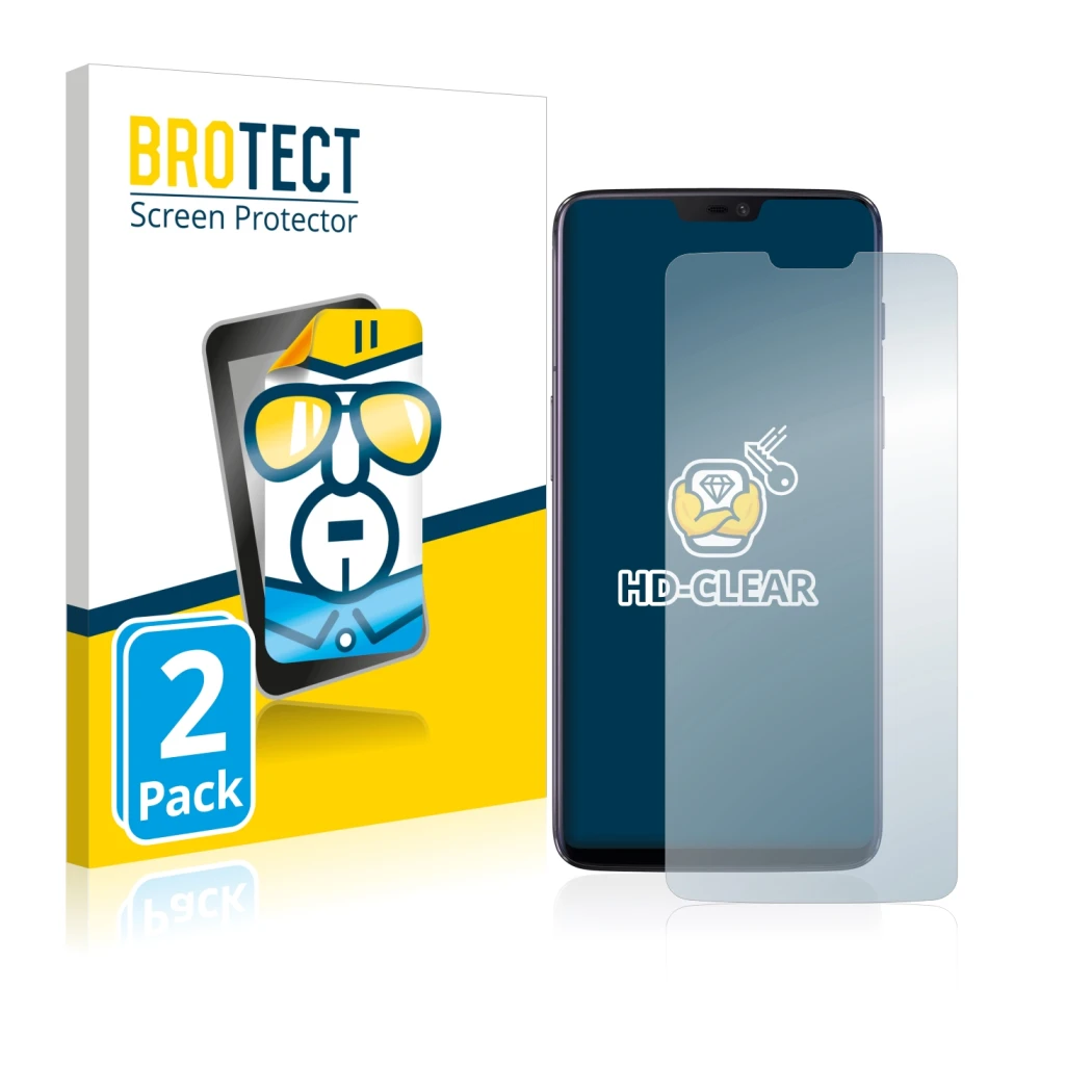 Parte frontal de un envase de producto con el logotipo de la marca BROTECT. Al lado se muestra el dispositivo OnePlus 6 con su