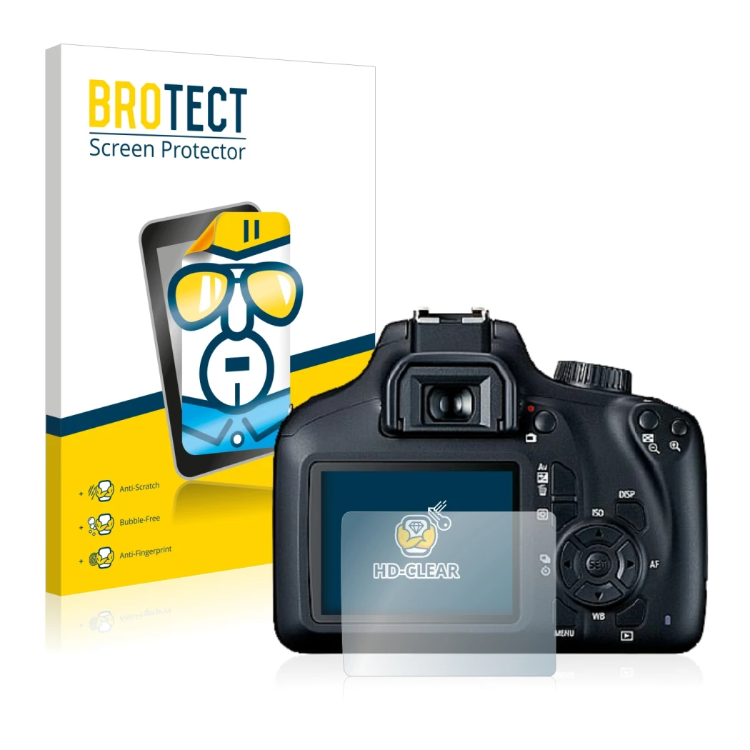 Parte frontal de un envase de producto con el logotipo de la marca BROTECT. Al lado se muestra el dispositivo Canon EOS 4000D