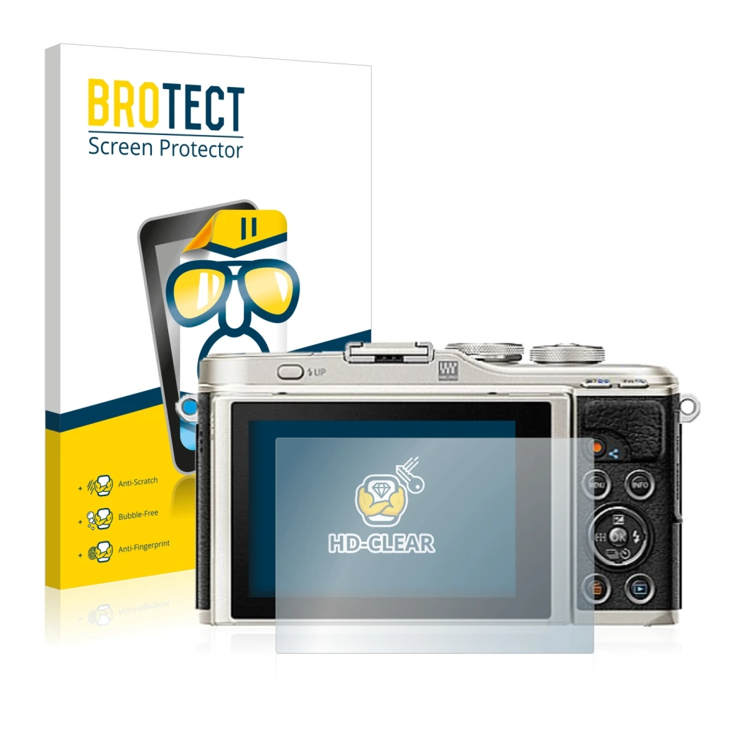 Parte frontal de un envase de producto con el logotipo de la marca BROTECT. Al lado se muestra el dispositivo Olympus PEN E-PL