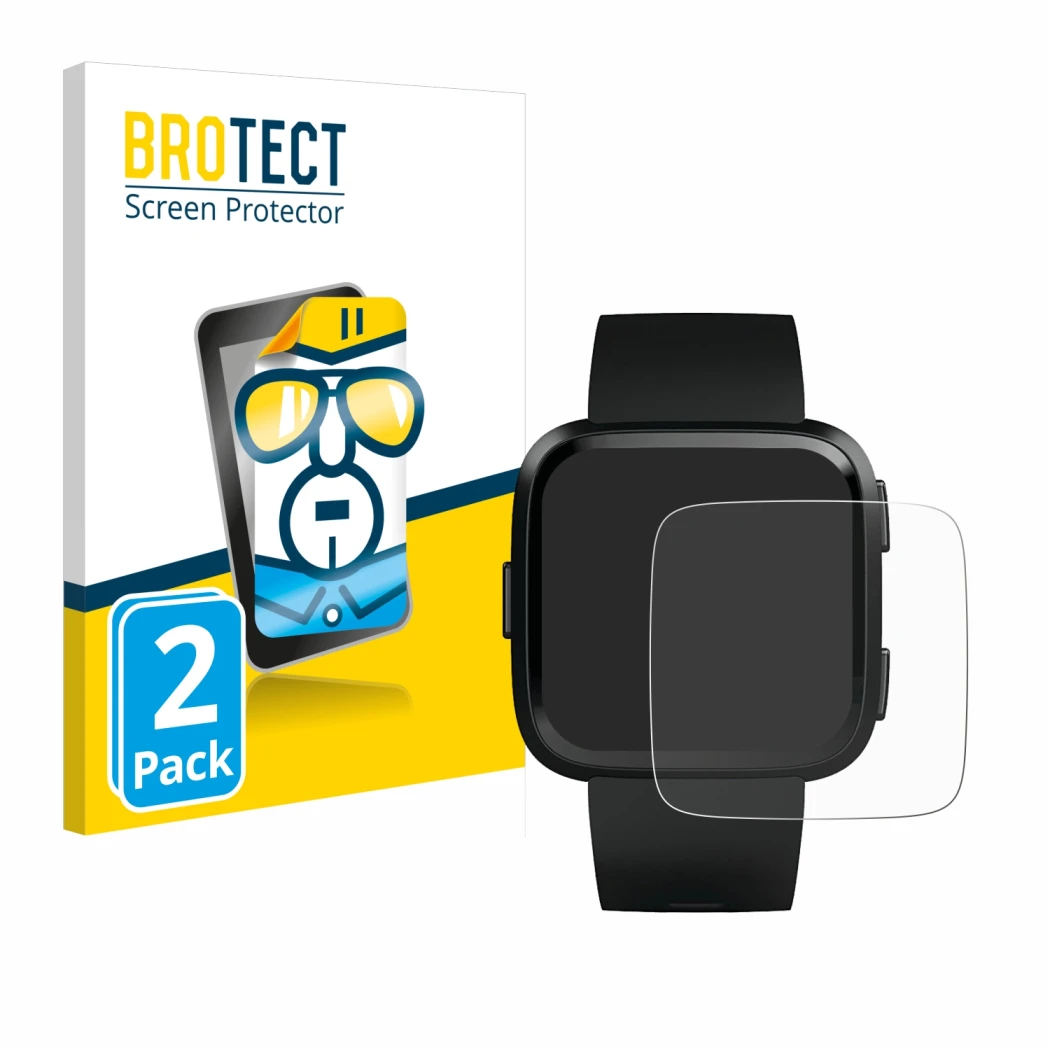 Parte frontal de un envase de producto con el logotipo de la marca BROTECT. Al lado se muestra el dispositivo Fitbit Versa con