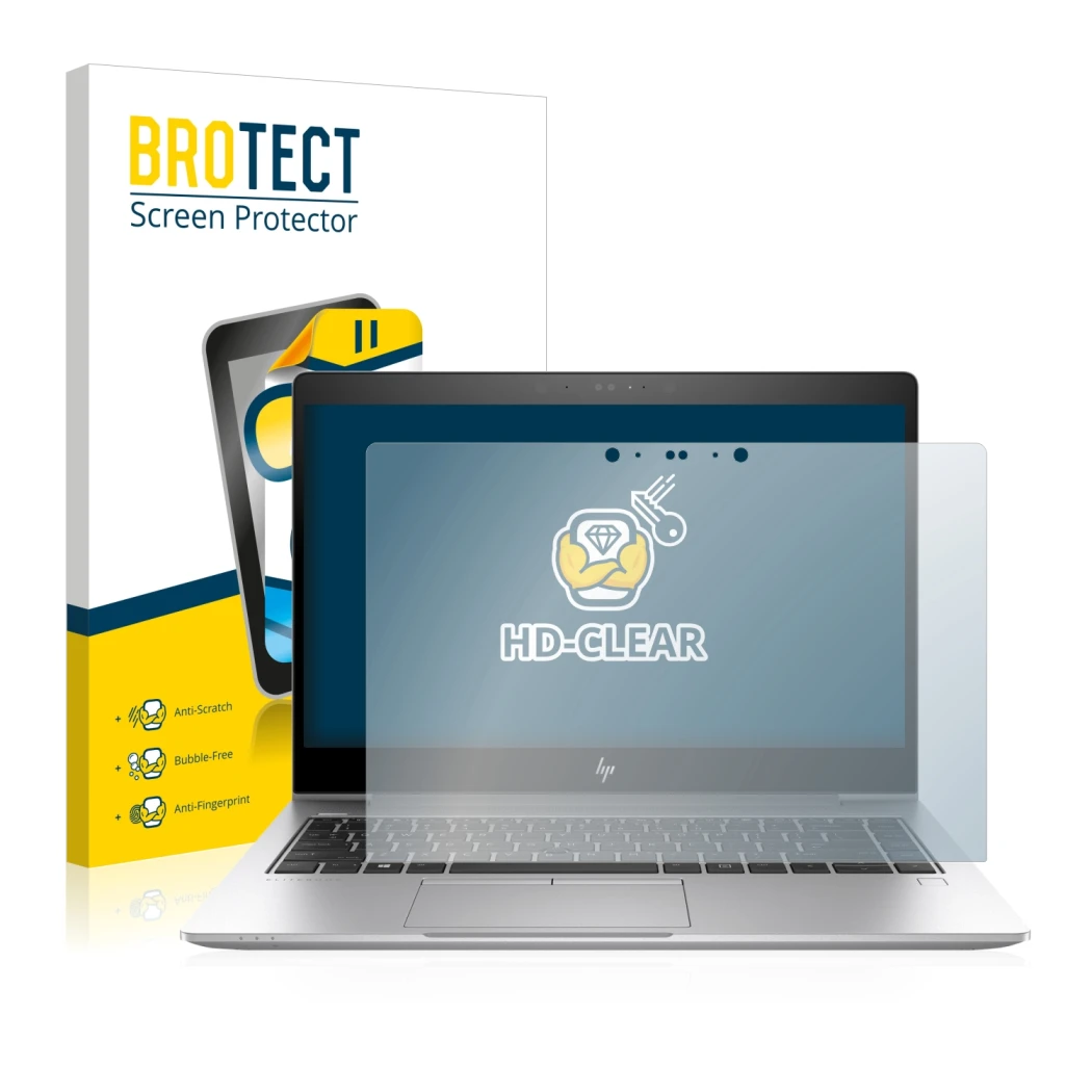Parte frontal de un envase de producto con el logotipo de la marca BROTECT. Al lado se muestra el dispositivo HP EliteBook 840