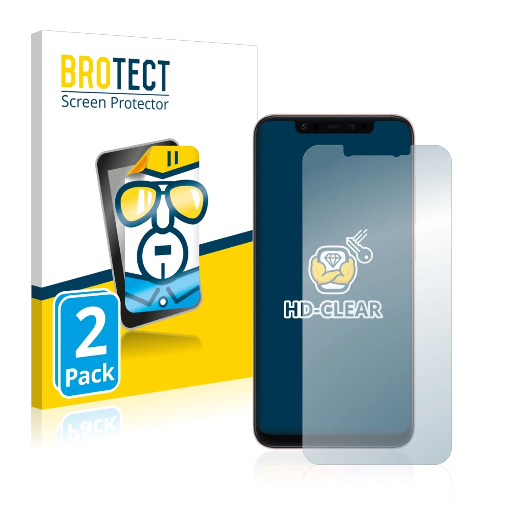 Parte frontal de un envase de producto con el logotipo de la marca BROTECT. Al lado se muestra el dispositivo Xiaomi Mi 8 con 