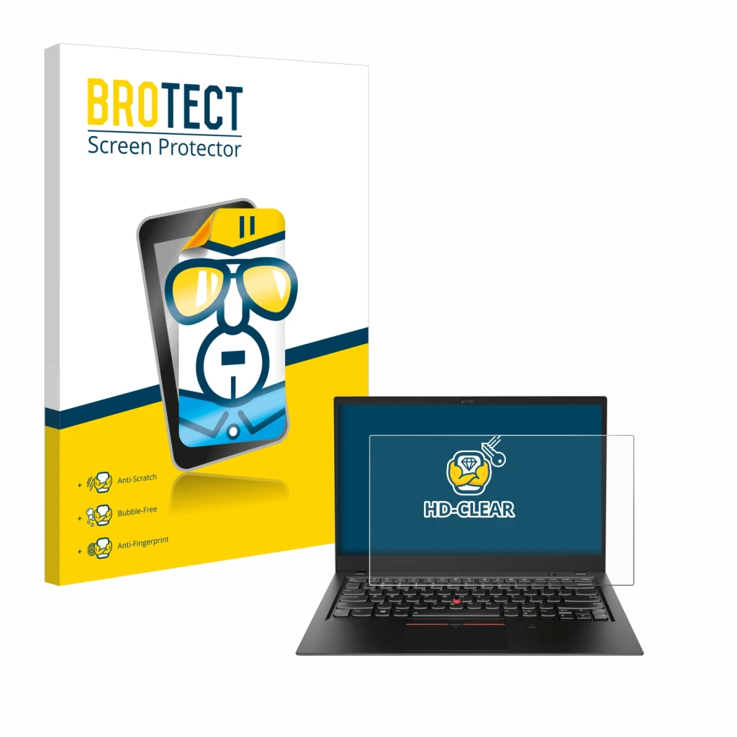Parte frontal de un envase de producto con el logotipo de la marca BROTECT. Al lado se muestra el dispositivo Lenovo ThinkPad
