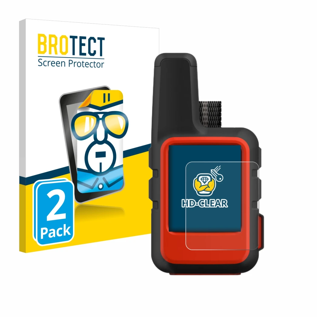 Parte frontal de un envase de producto con el logotipo de la marca BROTECT. Al lado se muestra el dispositivo Garmin inReach M