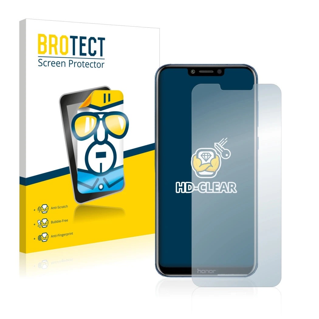 Parte frontal de un envase de producto con el logotipo de la marca BROTECT. Al lado se muestra el dispositivo Honor Play con s