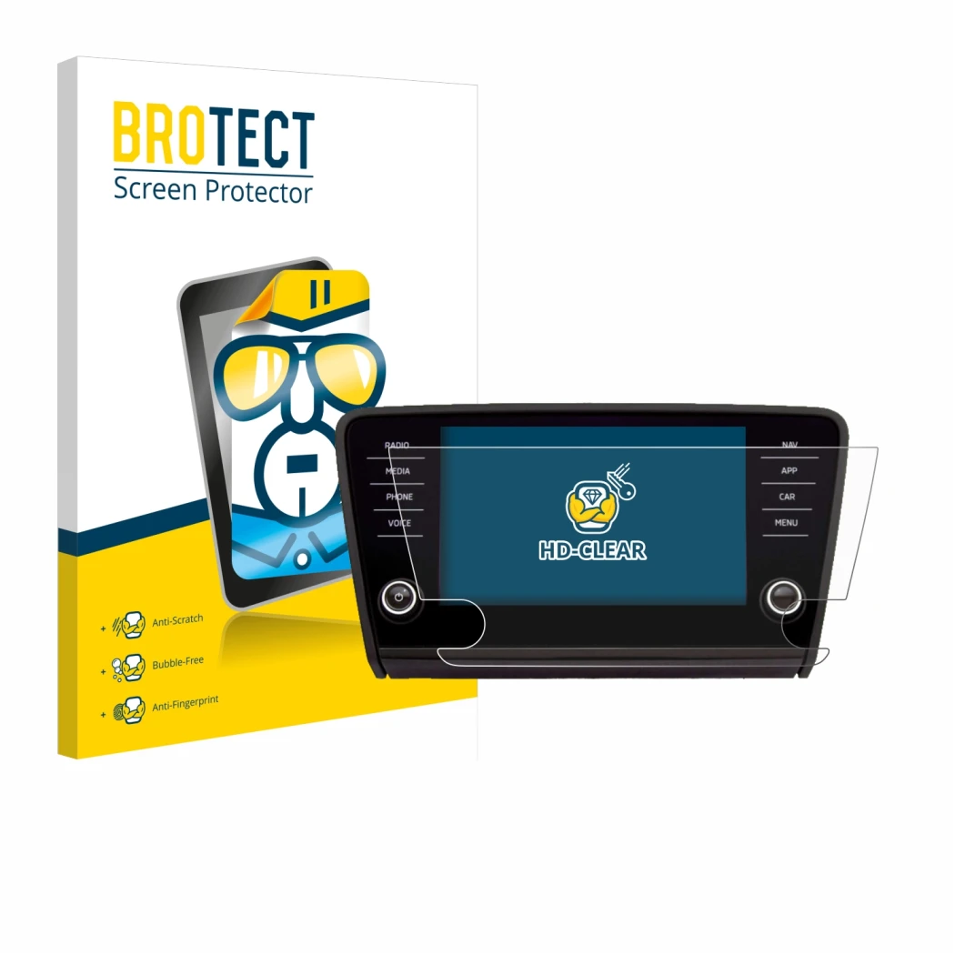 Parte frontal de un envase de producto con el logotipo de la marca BROTECT. Al lado se muestra el dispositivo Skoda Amundsen S