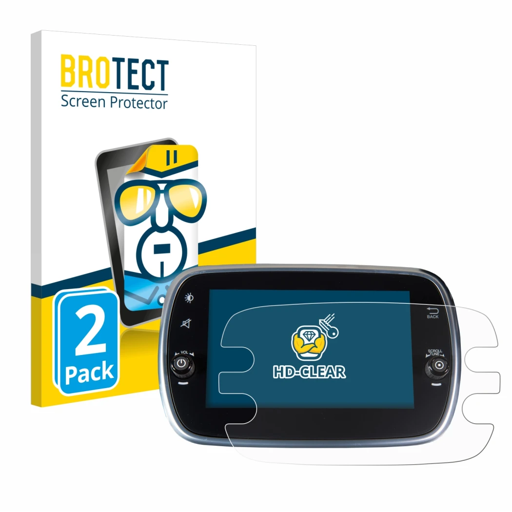 Parte frontal de un envase de producto con el logotipo de la marca BROTECT. Al lado se muestra el dispositivo Fiat 500X 2016-2