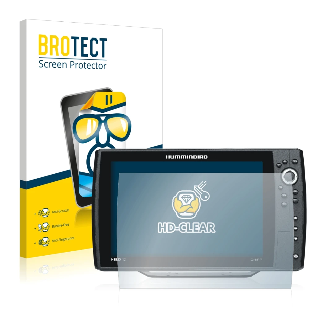 Parte frontal de un envase de producto con el logotipo de la marca BROTECT. Al lado se muestra el dispositivo Humminbird Helix