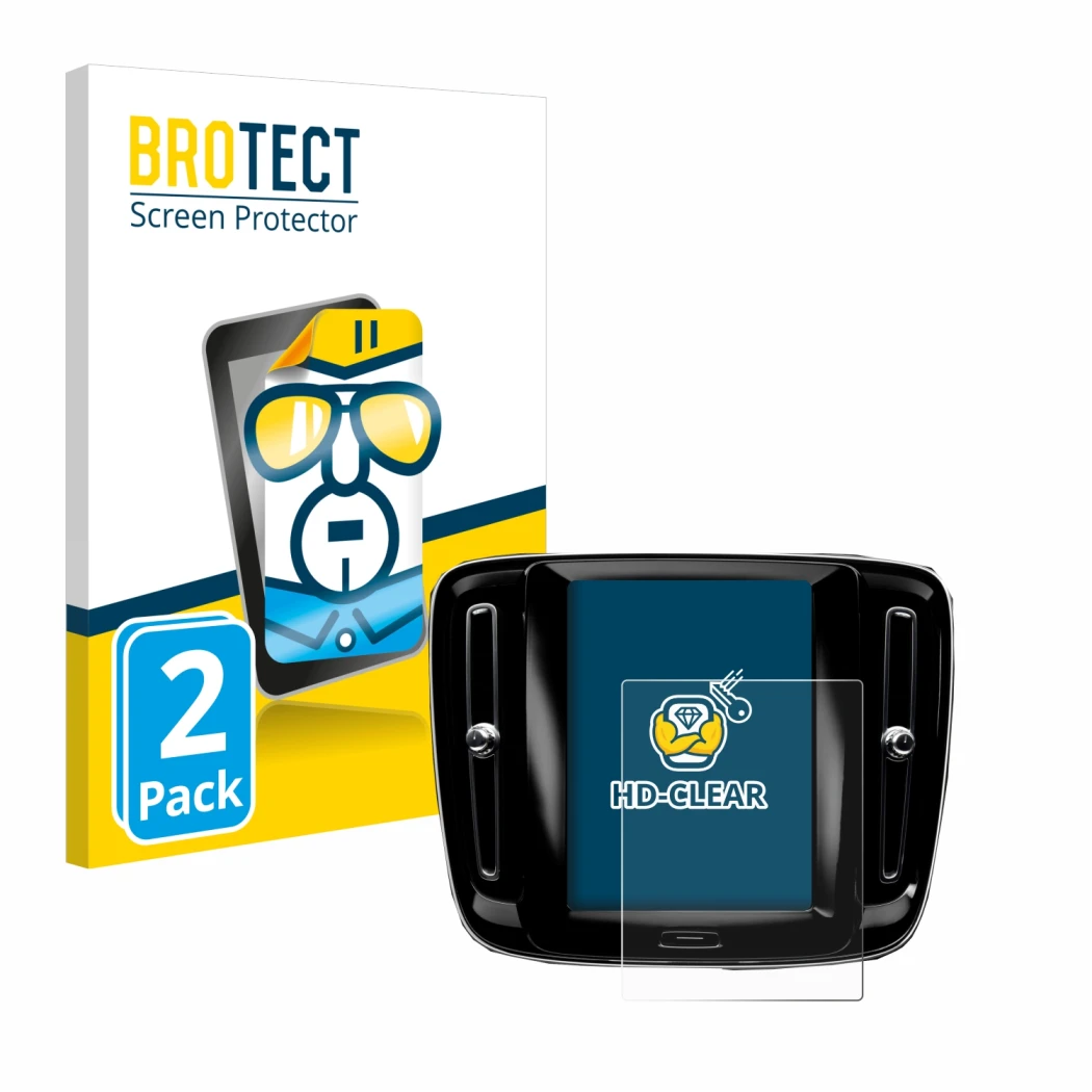 Parte frontal de un envase de producto con el logotipo de la marca BROTECT. Al lado se muestra el dispositivo Volvo XC40 Sensu