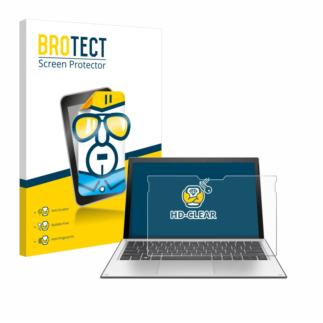 Parte frontal de un envase de producto con el logotipo de la marca BROTECT. Al lado se muestra el dispositivo HP Elite x2 1013