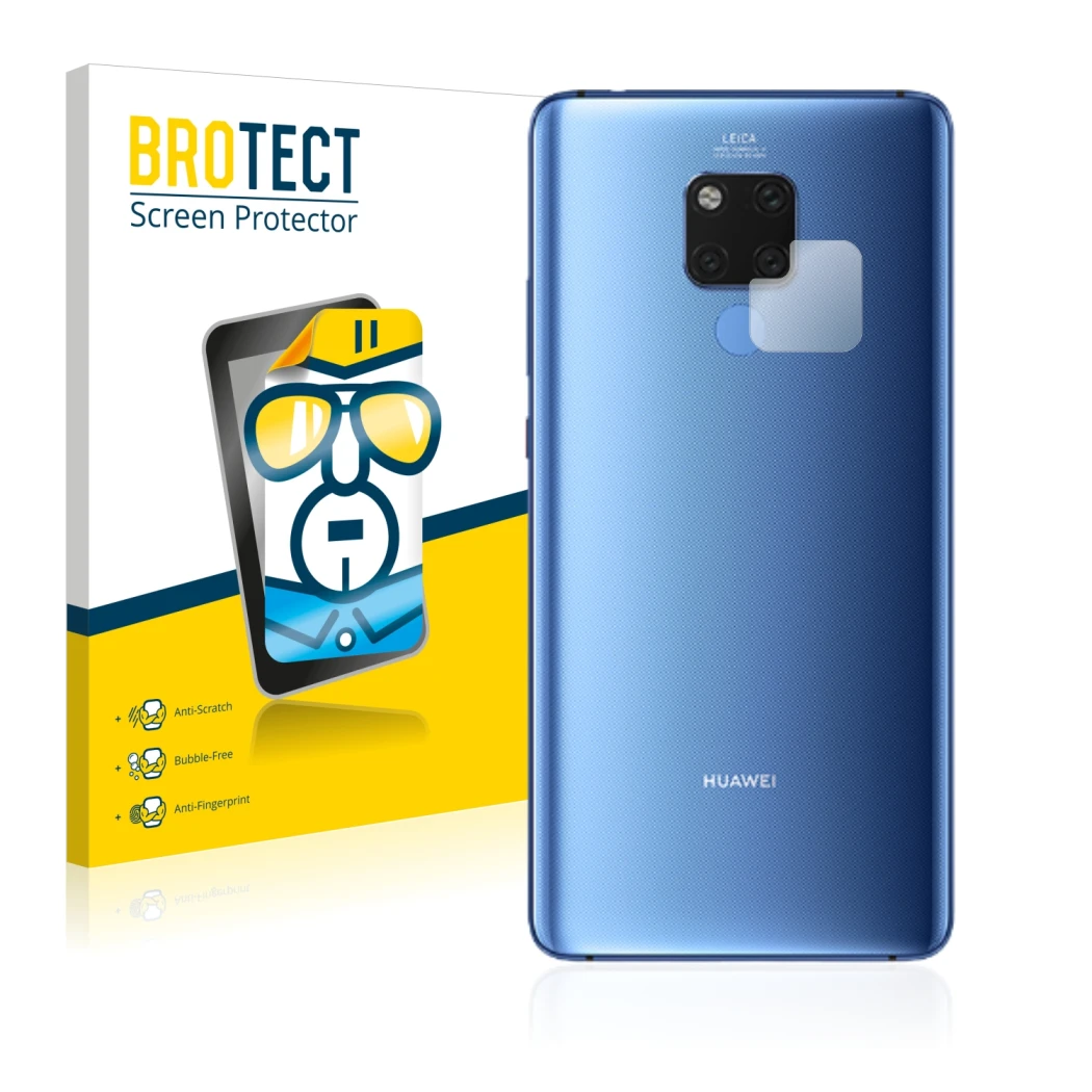 Parte frontal de un envase de producto con el logotipo de la marca BROTECT. Al lado se muestra el dispositivo Huawei Mate 20 X