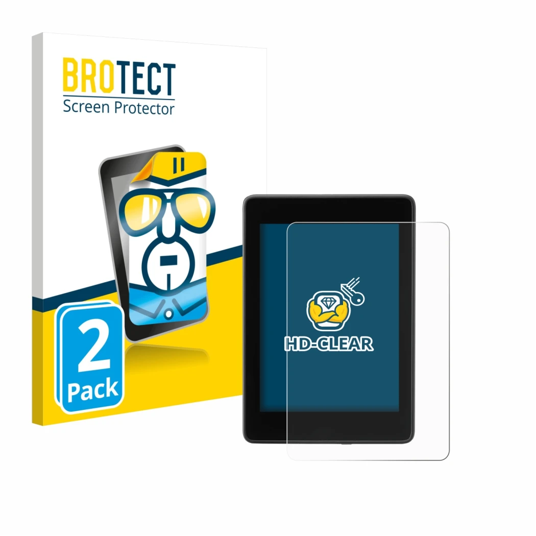 Parte frontal de un envase de producto con el logotipo de la marca BROTECT. Al lado se muestra el dispositivo Amazon Kindle Pa