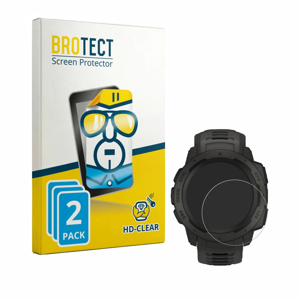Parte frontal de un envase de producto con el logotipo de la marca BROTECT. Al lado se muestra el dispositivo Garmin Instinct