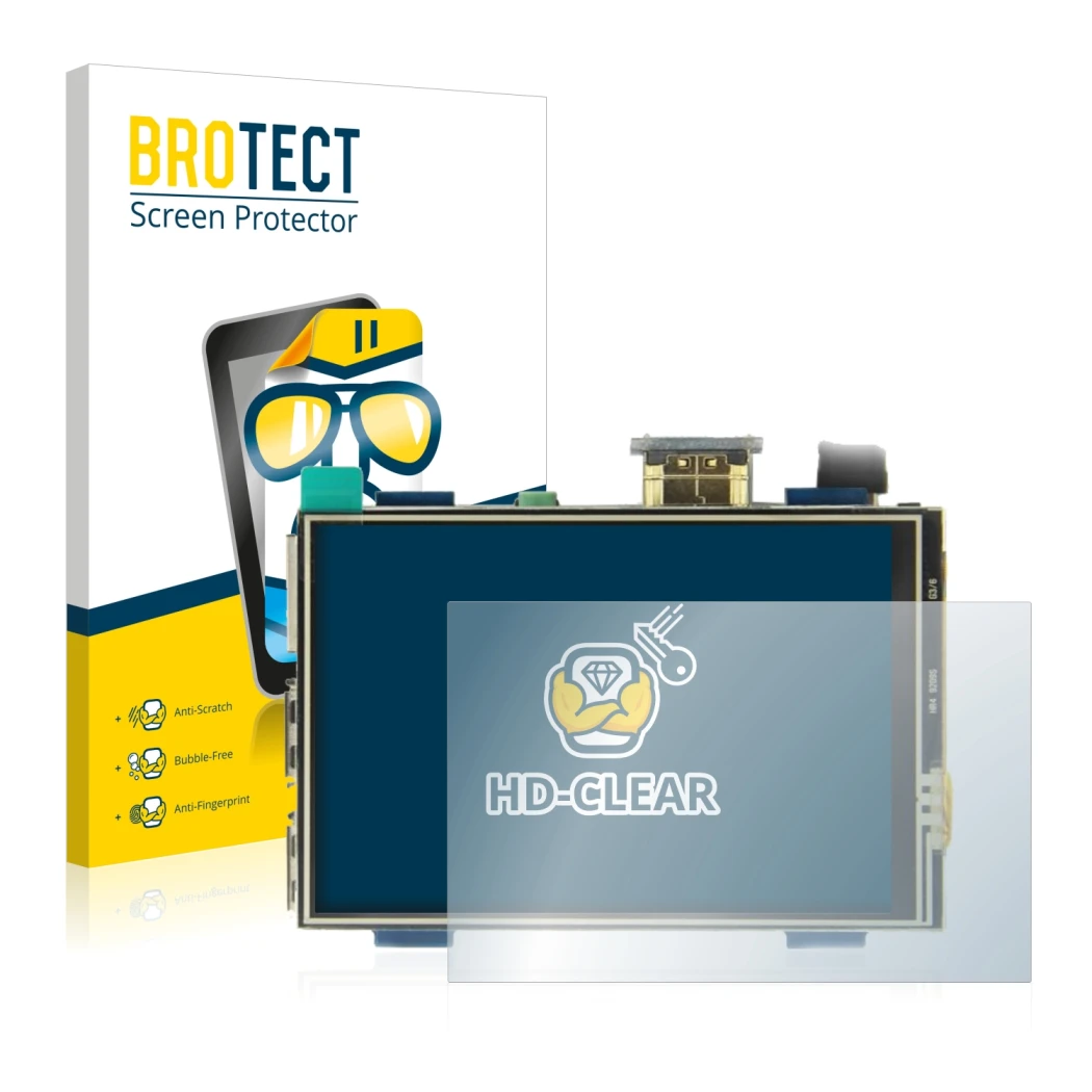 Parte frontal de un envase de producto con el logotipo de la marca BROTECT. Al lado se muestra el dispositivo Raspberry Pi Tou