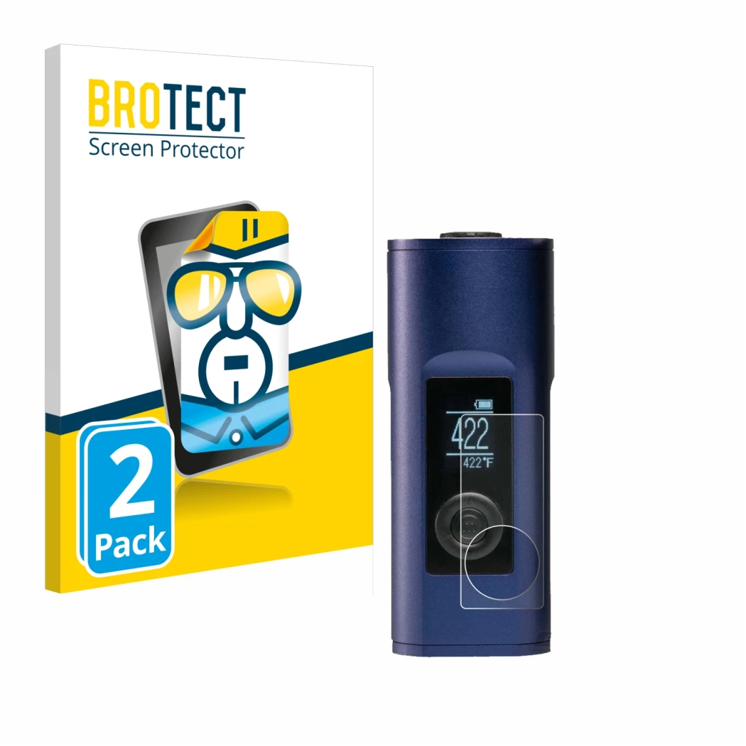 Parte frontal de un envase de producto con el logotipo de la marca BROTECT. Al lado se muestra el dispositivo Arizer Solo 2 co