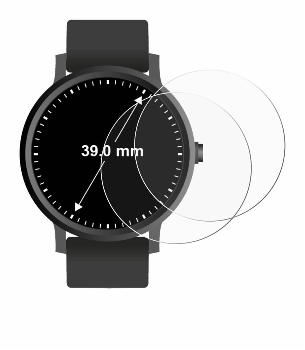 Imagen del dispositivo Circular Displays (ø: 39 mm) con una amplia variedad de protectores de pantalla.