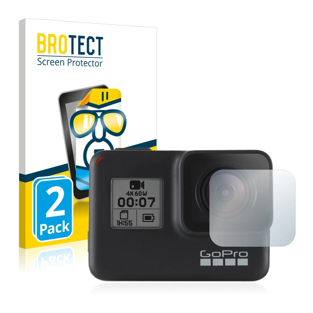 Parte frontal de un envase de producto con el logotipo de la marca BROTECT. Al lado se muestra el dispositivo GoPro Hero 7 Bla