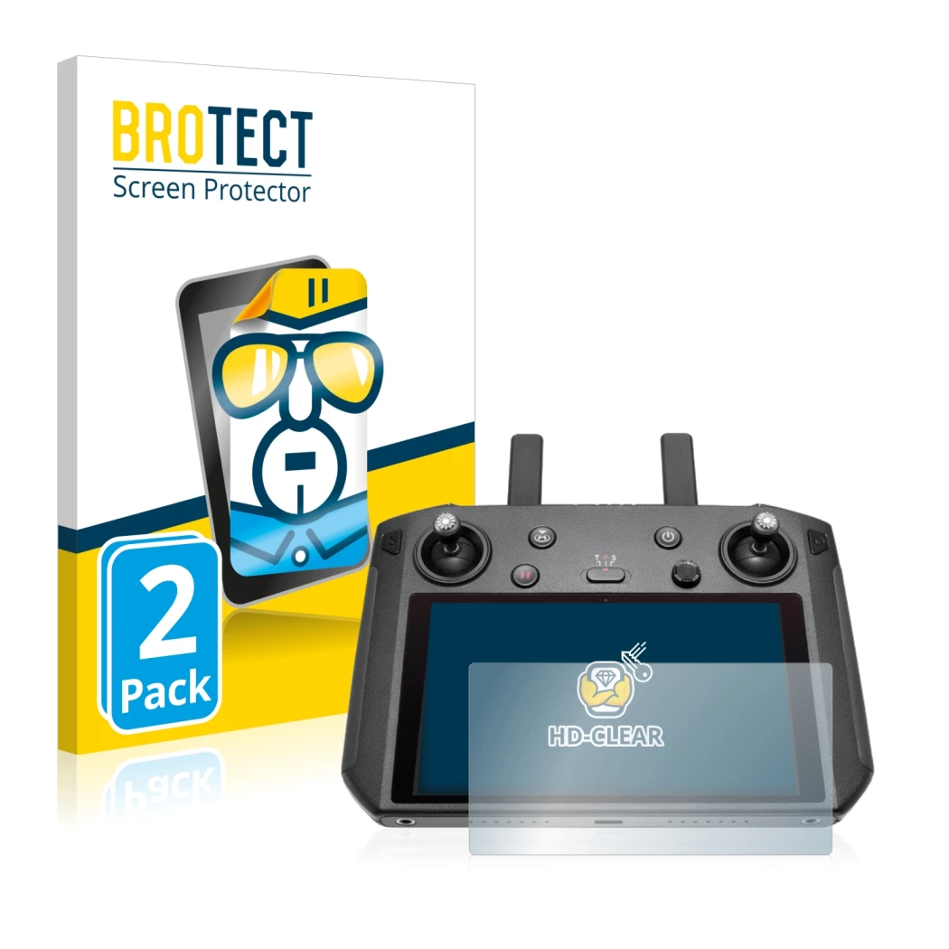 Parte frontal de un envase de producto con el logotipo de la marca BROTECT. Al lado se muestra el dispositivo DJI Smart Contro