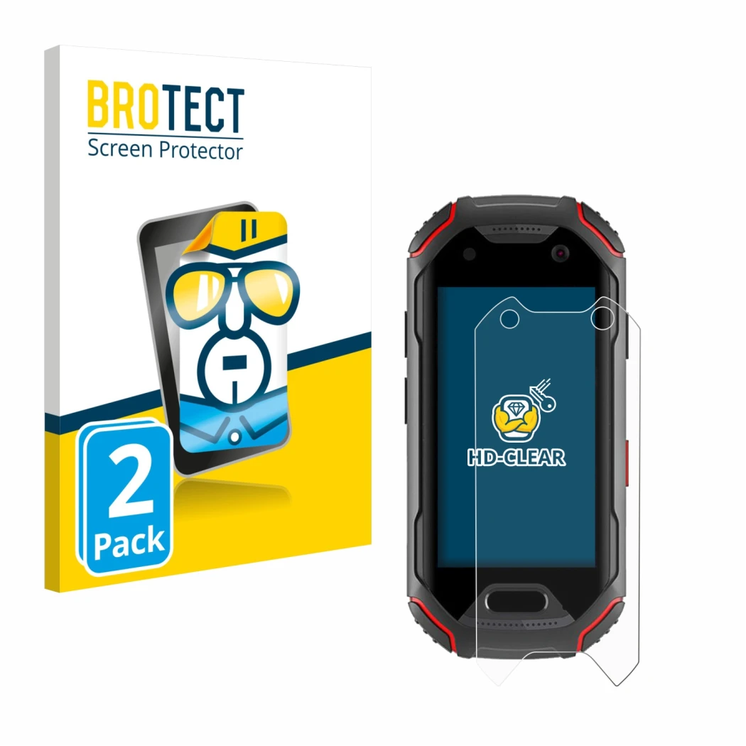 Parte frontal de un envase de producto con el logotipo de la marca BROTECT. Al lado se muestra el dispositivo Unihertz Atom co