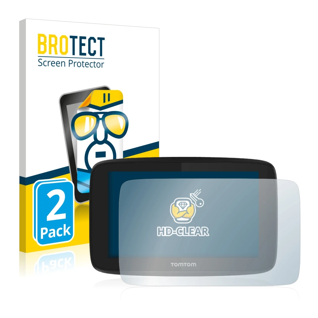 Parte frontal de un envase de producto con el logotipo de la marca BROTECT. Al lado se muestra el dispositivo TomTom GO Essent