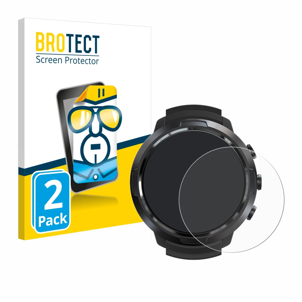 Parte frontal de un envase de producto con el logotipo de la marca BROTECT. Al lado se muestra el dispositivo Suunto D5 con su