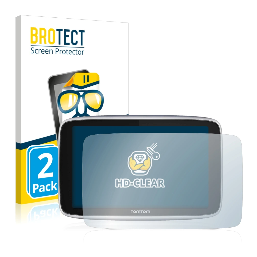 Parte frontal de un envase de producto con el logotipo de la marca BROTECT. Al lado se muestra el dispositivo TomTom GO Premiu
