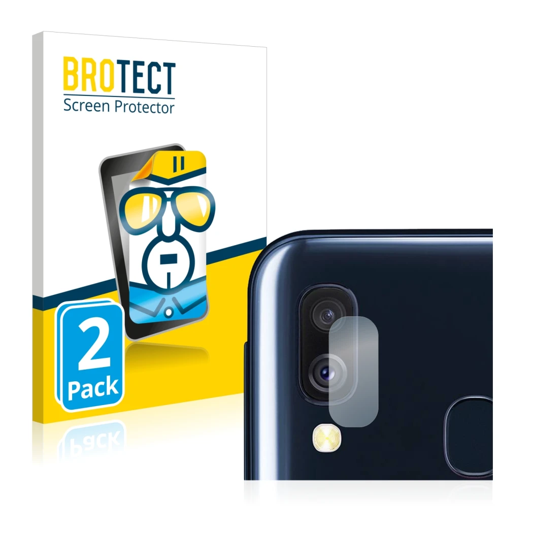 Parte frontal de un envase de producto con el logotipo de la marca BROTECT. Al lado se muestra el dispositivo Samsung Galaxy A