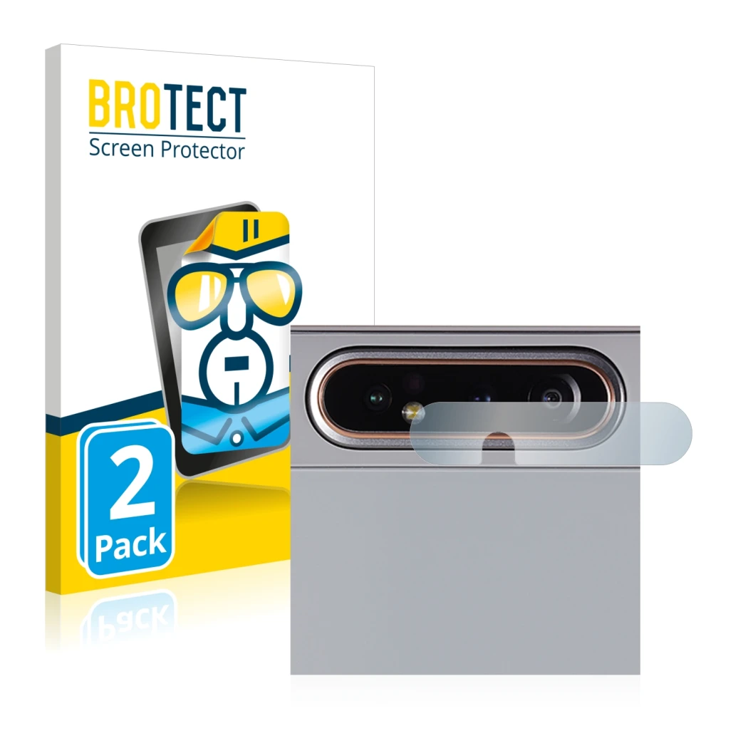 Parte frontal de un envase de producto con el logotipo de la marca BROTECT. Al lado se muestra el dispositivo Samsung Galaxy A