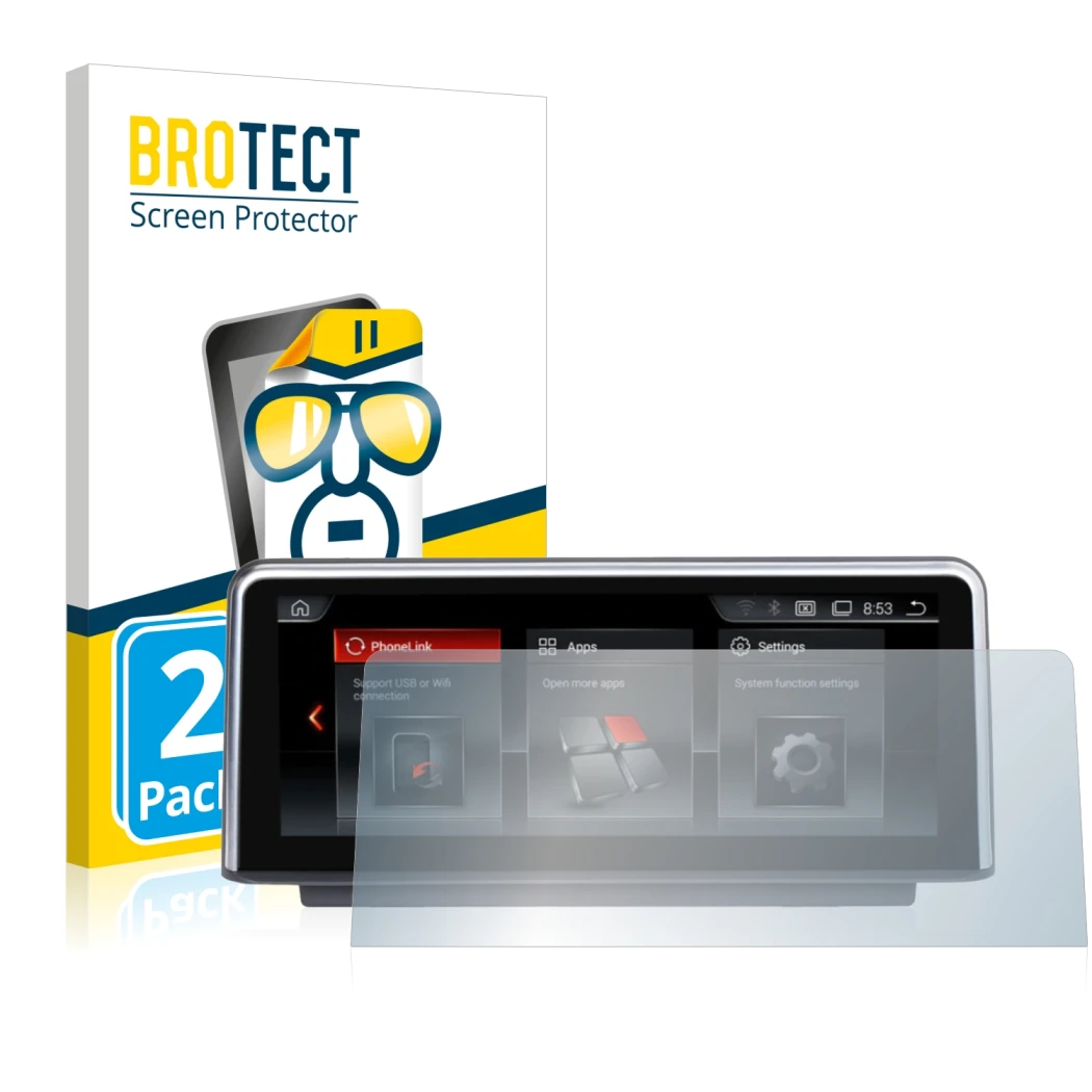 Parte frontal de un envase de producto con el logotipo de la marca BROTECT. Al lado se muestra el dispositivo NaviFly Android