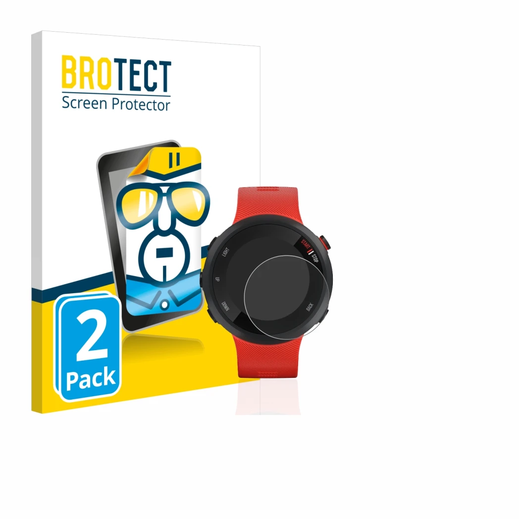 Parte frontal de un envase de producto con el logotipo de la marca BROTECT. Al lado se muestra el dispositivo Garmin Forerunne