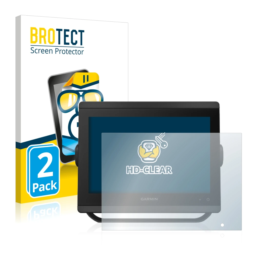 Parte frontal de un envase de producto con el logotipo de la marca BROTECT. Al lado se muestra el dispositivo Garmin GPSMAP 84