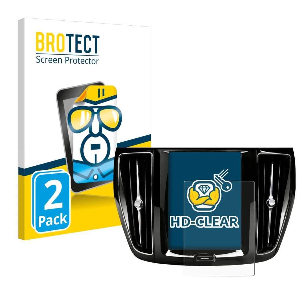 Parte frontal de un envase de producto con el logotipo de la marca BROTECT. Al lado se muestra el dispositivo Volvo V60 Sensus