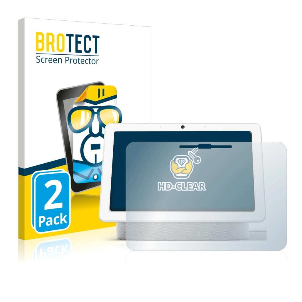 Parte frontal de un envase de producto con el logotipo de la marca BROTECT. Al lado se muestra el dispositivo Google Nest Hub