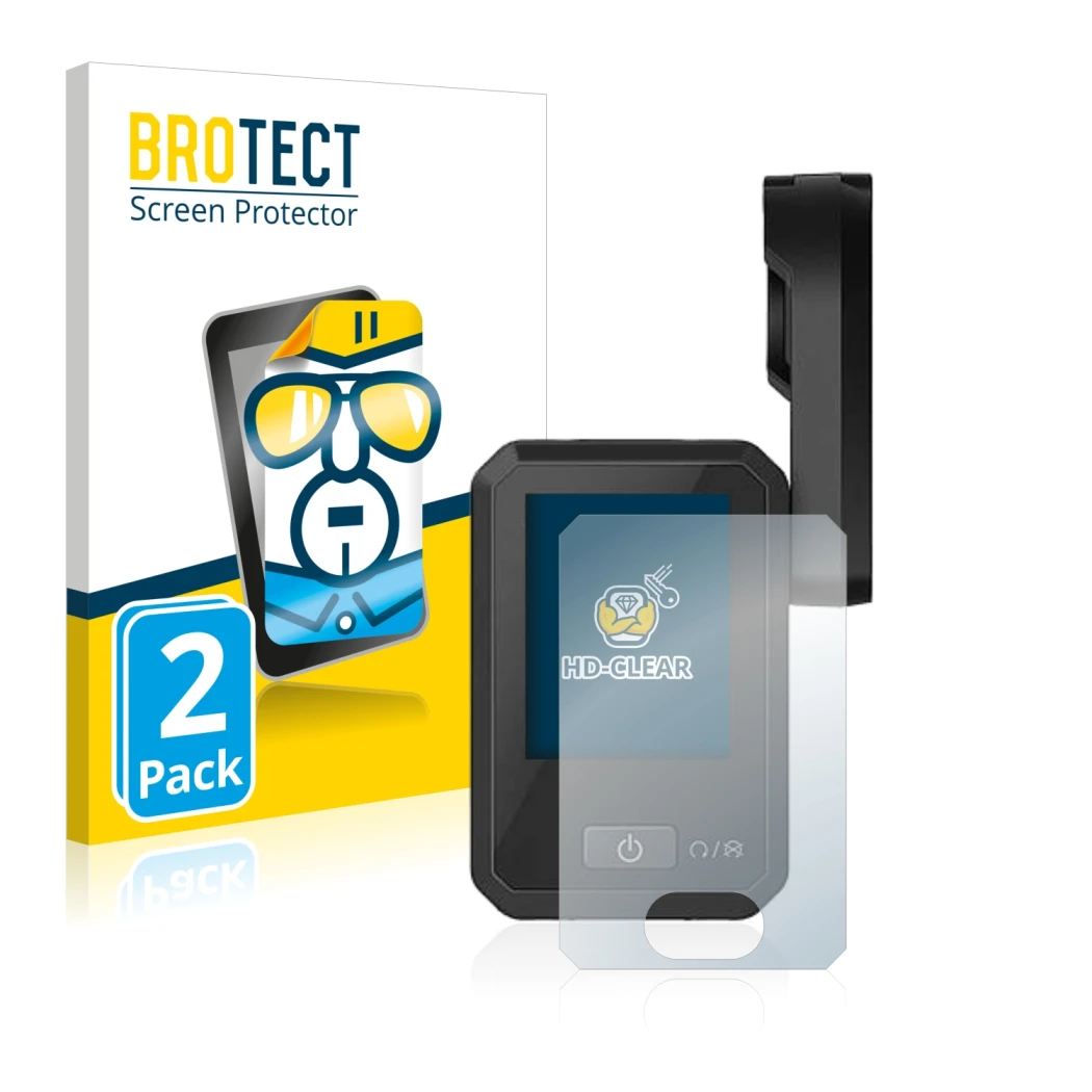 Parte frontal de un envase de producto con el logotipo de la marca BROTECT. Al lado se muestra el dispositivo Flyer Display D0