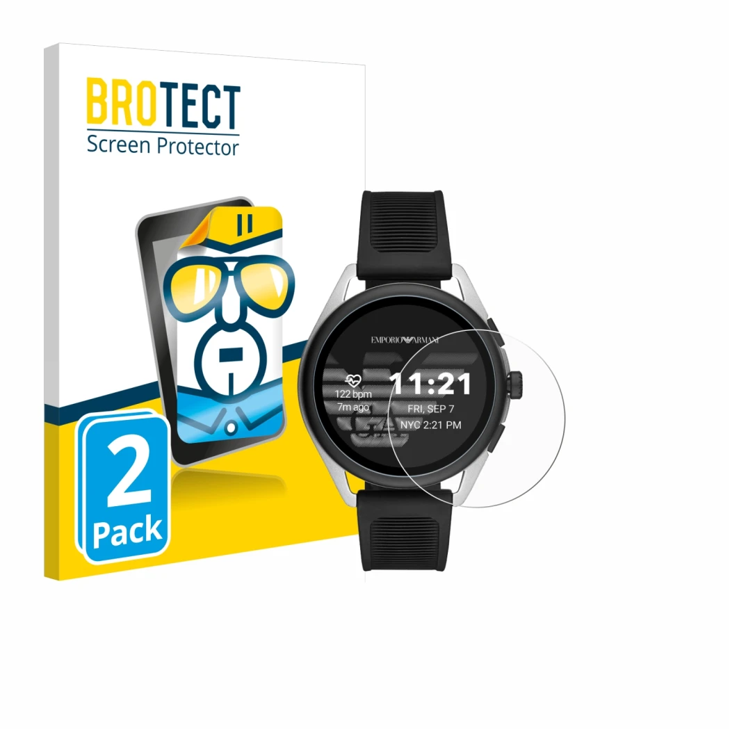 Parte frontal de un envase de producto con el logotipo de la marca BROTECT. Al lado se muestra el dispositivo Emporio Armani C