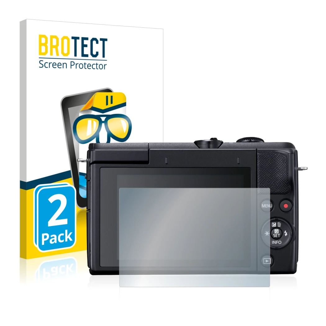 Parte frontal de un envase de producto con el logotipo de la marca BROTECT. Al lado se muestra el dispositivo Canon EOS M200 c