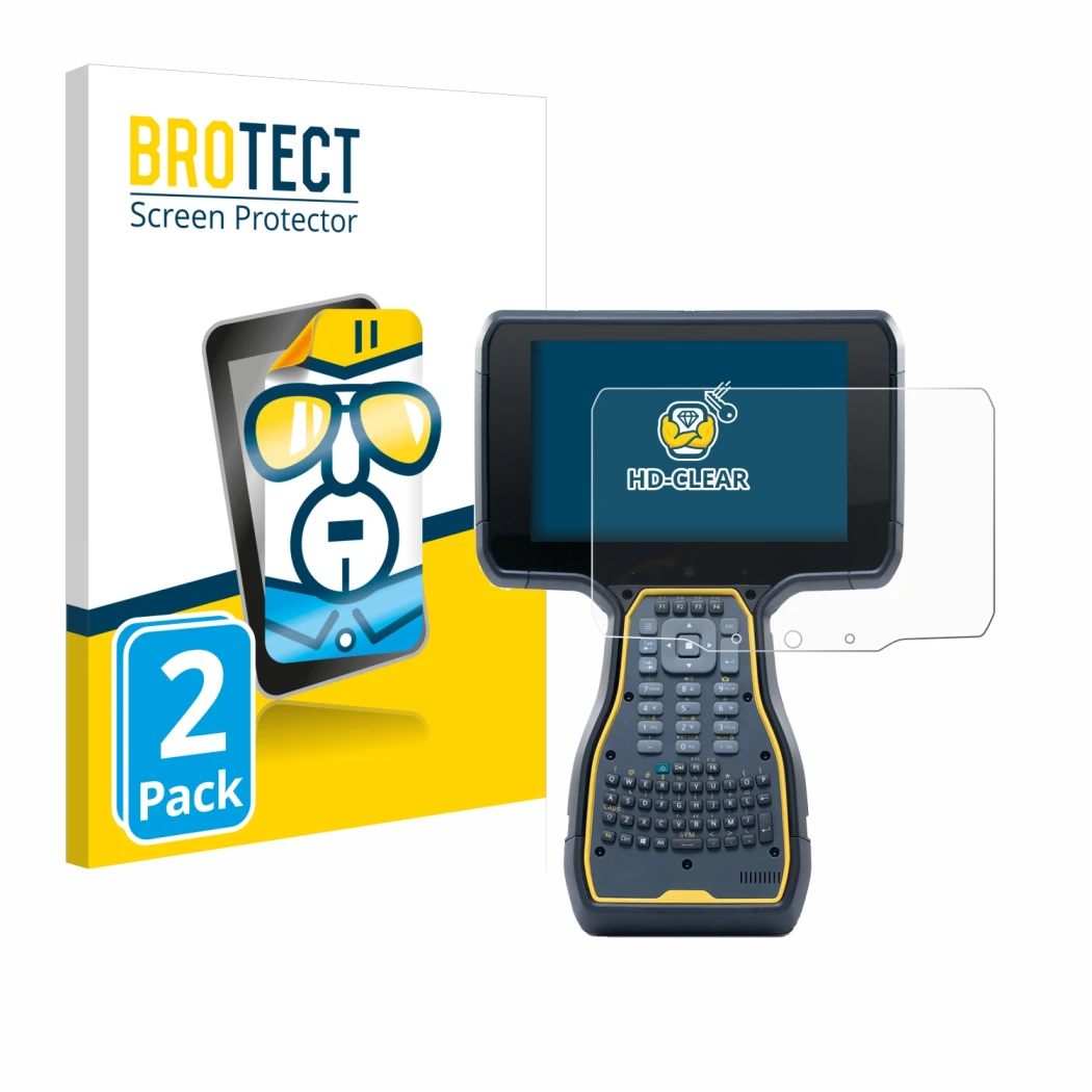 Parte frontal de un envase de producto con el logotipo de la marca BROTECT. Al lado se muestra el dispositivo Trimble TSC7 Con