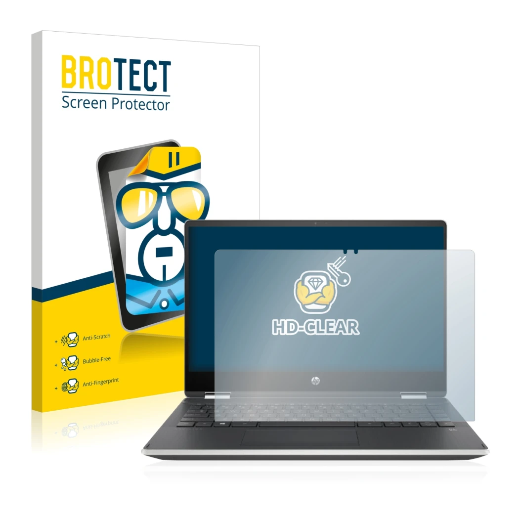 Parte frontal de un envase de producto con el logotipo de la marca BROTECT. Al lado se muestra el dispositivo HP Pavilion x360